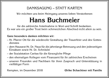 Traueranzeige von Hans Buchmeier von Allgäuer Zeitung,Kempten
