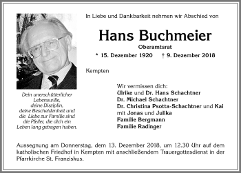 Traueranzeige von Hans Buchmeier von Allgäuer Zeitung,Kempten
