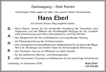 Traueranzeige von Hans Eberl von Allgäuer Zeitung,Kempten