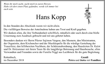 Traueranzeige von Hans Kopp von Allgäuer Zeitung, Marktoberdorf