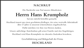Traueranzeige von Hans Krumpholz von Der Westallgäuer