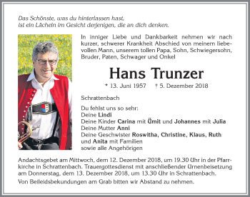 Traueranzeige von Hans Trunzer von Allgäuer Zeitung,Kempten