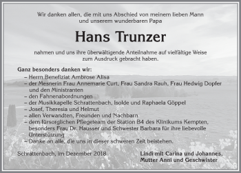 Traueranzeige von Hans Trunzer von Allgäuer Zeitung,Kempten