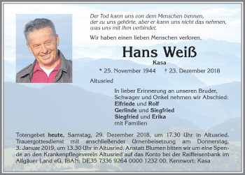 Traueranzeige von Hans Weiß von Allgäuer Zeitung,Kempten