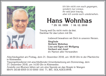 Traueranzeige von Hans Wohnhas von Allgäuer Zeitung,Kempten