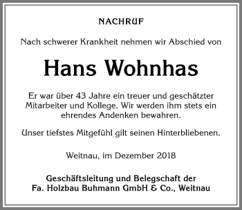 Traueranzeige von Hans Wohnhas von Allgäuer Zeitung,Kempten