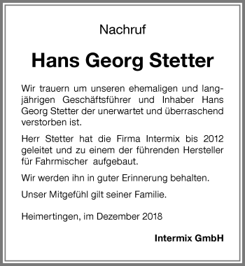 Traueranzeige von Hans Georg Stetter von Memminger Zeitung
