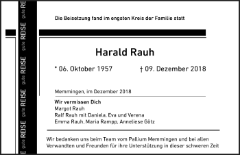 Traueranzeige von Harald Rauh von Memminger Zeitung