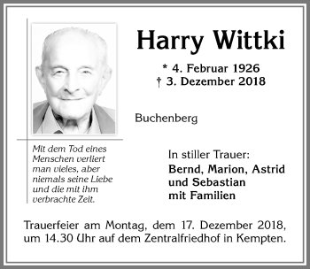 Traueranzeige von Harry Wittki von Allgäuer Zeitung,Kempten