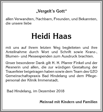 Traueranzeige von Heidi Haas von Allgäuer Anzeigeblatt