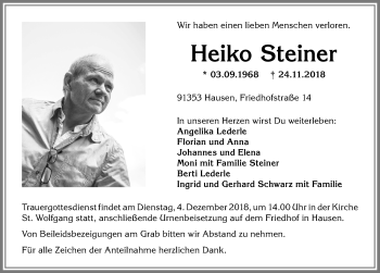 Traueranzeige von Heiko Steiner von Allgäuer Anzeigeblatt