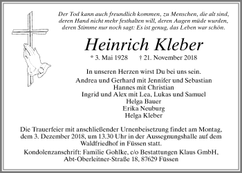Traueranzeige von Heinrich Kleber von Allgäuer Zeitung, Füssen
