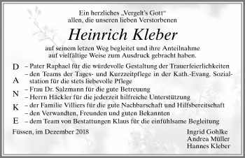 Traueranzeige von Heinrich Kleber von Allgäuer Zeitung, Füssen