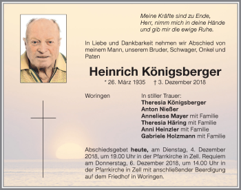 Traueranzeige von Heinrich Königsberger von Memminger Zeitung