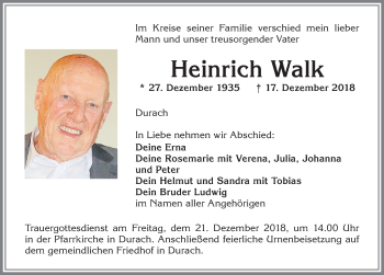 Traueranzeige von Heinrich Walk von Allgäuer Zeitung,Kempten