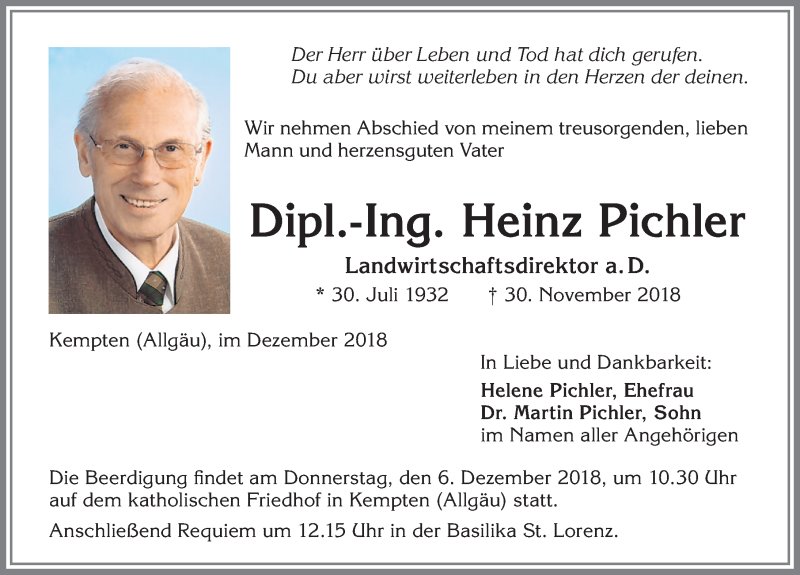  Traueranzeige für Heinz Pichler vom 04.12.2018 aus Allgäuer Zeitung,Kempten