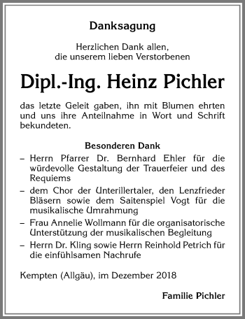 Traueranzeige von Heinz Pichler von Allgäuer Zeitung,Kempten