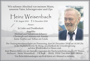 Traueranzeige von Heinz Weisenbach von Allgäuer Zeitung, Füssen