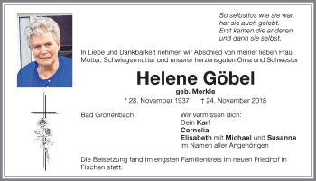 Traueranzeige von Helene Göbel von Memminger Zeitung