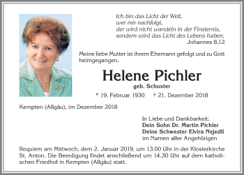 Traueranzeige von Helene Pichler von Allgäuer Zeitung,Kempten