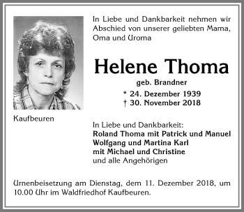 Traueranzeige von Helene Thoma von Allgäuer Zeitung, Kaufbeuren/Buchloe