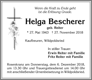 Traueranzeige von Helga Bescherer von Allgäuer Zeitung,Kempten