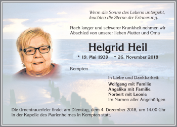 Traueranzeige von Helgrid Heil von Allgäuer Zeitung,Kempten