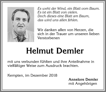 Traueranzeige von Helmut Demler von Allgäuer Zeitung,Kempten