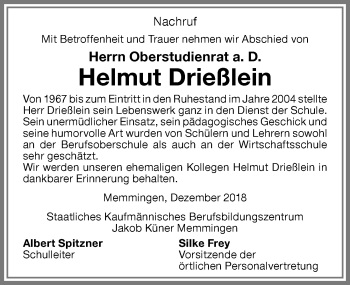 Traueranzeige von Helmut Drießlein von Memminger Zeitung