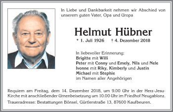 Traueranzeige von Helmut Hübner von Allgäuer Zeitung, Kaufbeuren/Buchloe