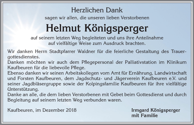  Traueranzeige für Helmut Königsperger vom 14.12.2018 aus Allgäuer Zeitung, Kaufbeuren/Buchloe
