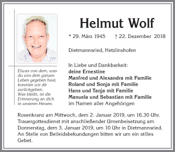 Traueranzeige von Helmut Wolf von Allgäuer Zeitung,Kempten