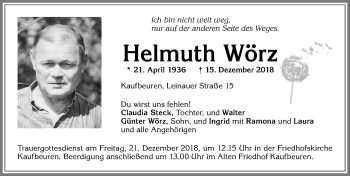 Traueranzeige von Helmuth Wörz von Allgäuer Zeitung, Kaufbeuren/Buchloe
