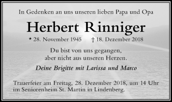 Traueranzeige von Herbert Rinniger von Der Westallgäuer