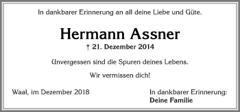 Traueranzeige von Hermann Assner von Allgäuer Zeitung, Kaufbeuren/Buchloe