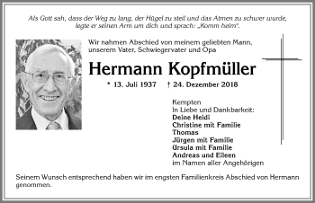 Traueranzeige von Hermann Kopfmüller von Allgäuer Zeitung,Kempten