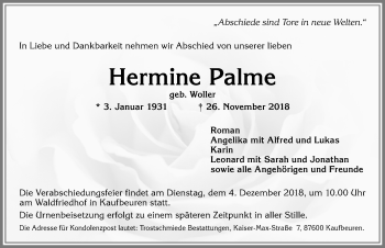 Traueranzeige von Hermine Palme von Allgäuer Zeitung, Kaufbeuren/Buchloe