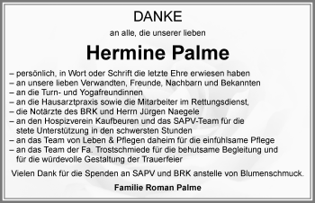 Traueranzeige von Hermine Palme von Allgäuer Zeitung, Kaufbeuren/Buchloe