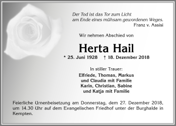 Traueranzeige von Herta Hail von Allgäuer Zeitung,Kempten