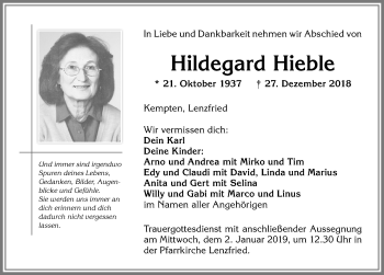 Traueranzeige von Hildegard Hieble von Allgäuer Zeitung,Kempten