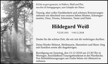 Traueranzeige von Hildegard Weiß von Memminger Zeitung