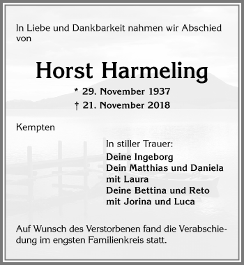 Traueranzeige von Horst Harmeling von Allgäuer Zeitung,Kempten