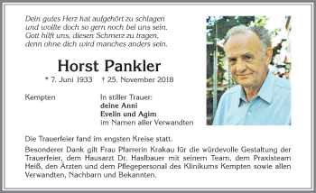 Traueranzeige von Horst Pankler von Allgäuer Zeitung,Kempten