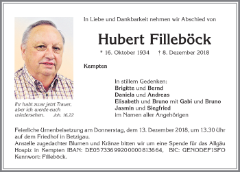 Traueranzeige von Hubert Filleböck von Allgäuer Zeitung,Kempten