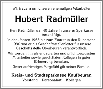Traueranzeige von Hubert Radmüller von Allgäuer Zeitung, Kaufbeuren/Buchloe
