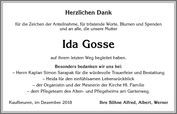 Traueranzeige von Ida Gosse von Allgäuer Zeitung, Kaufbeuren/Buchloe