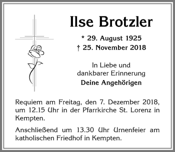 Traueranzeige von Ilse Brotzler von Allgäuer Zeitung,Kempten