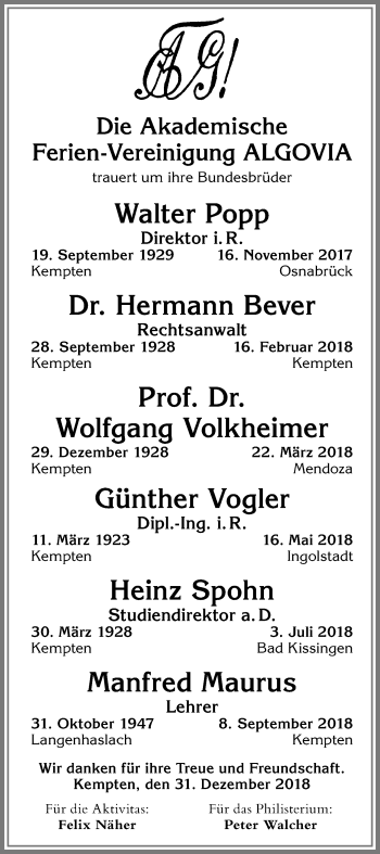 Traueranzeige von Im Gedenken Ferien-Vereinigung ALGOVIA von Allgäuer Zeitung,Kempten