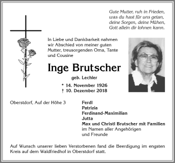 Traueranzeige von Inge Brutscher von Allgäuer Anzeigeblatt