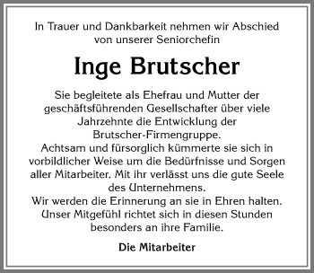 Traueranzeige von Inge Brutscher von Allgäuer Anzeigeblatt